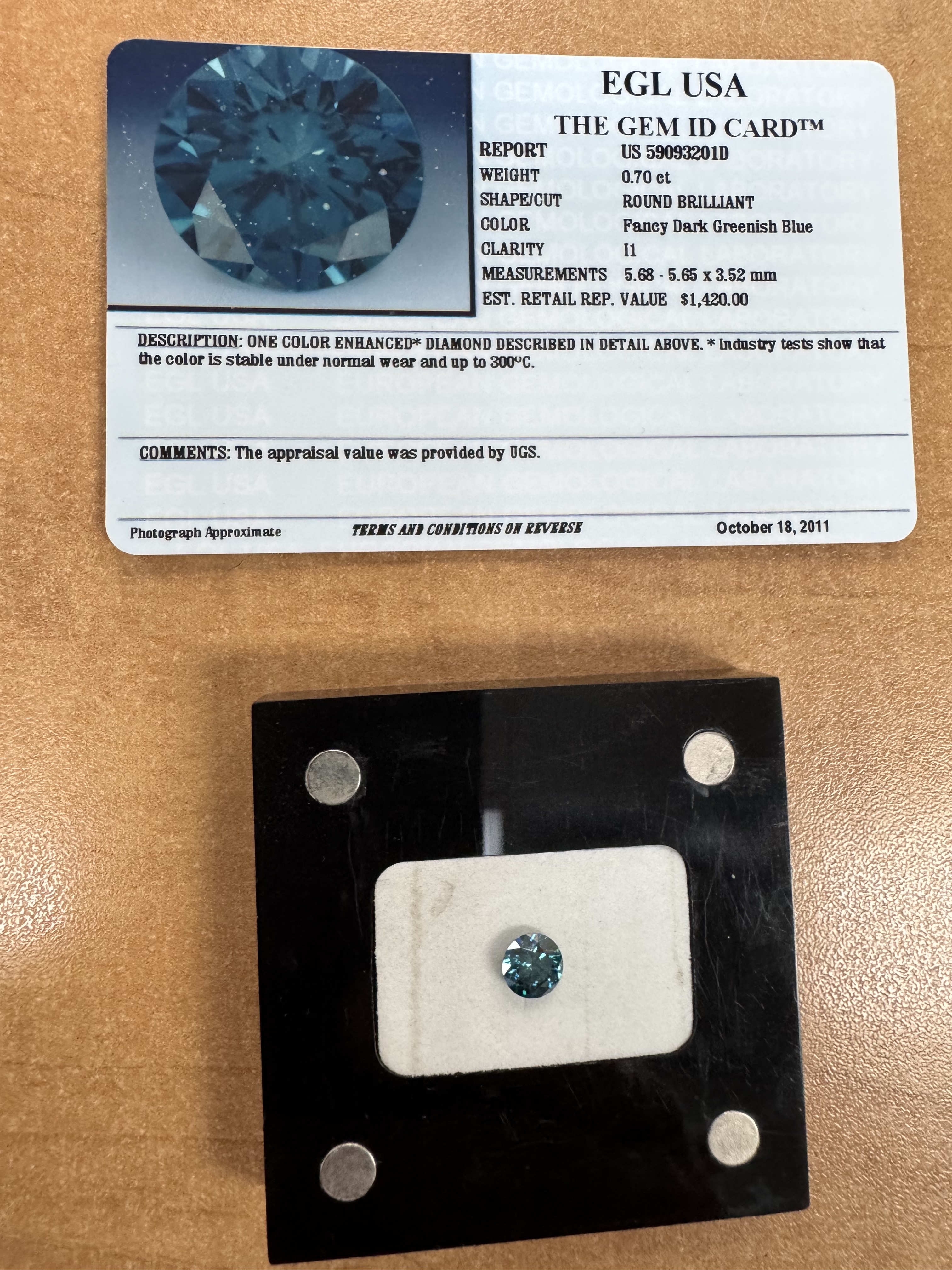 0.70ct Round BLUE I1